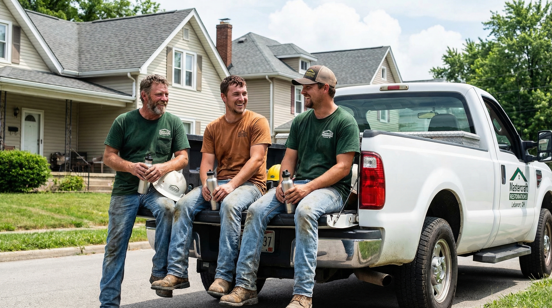 Roofing crew taking a break on the tailgate of their work truck