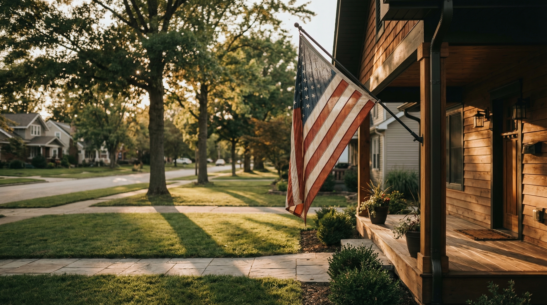 American flag hanging from a front porch bracket on a warm Ohio afternoon