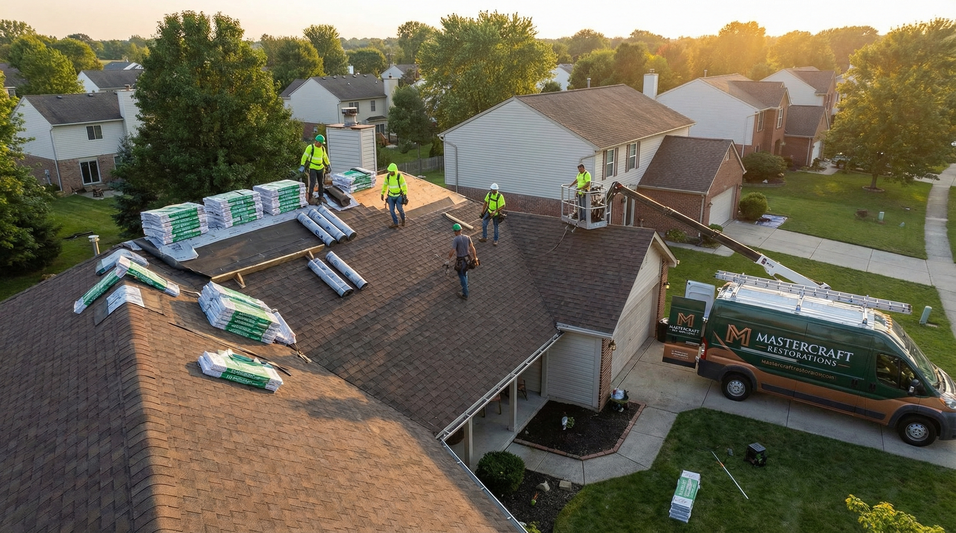 Aerial view of roofing crew working on a residential roof