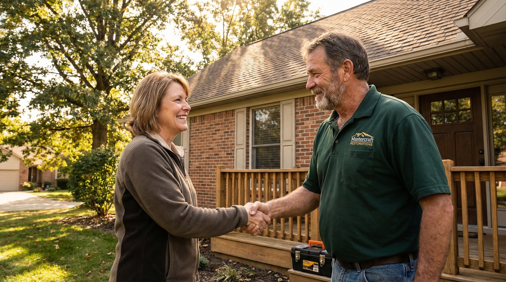 Roofing contractor shaking hands with a smiling homeowner at their front door