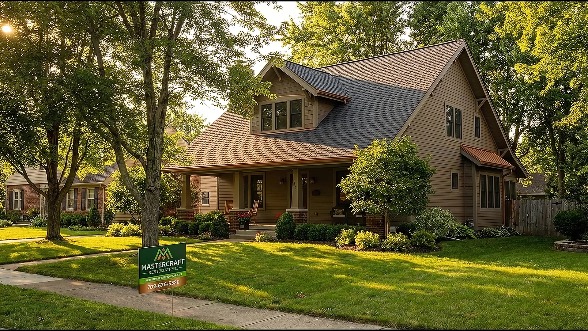 Beautifully roofed two-story craftsman home in an Ohio neighborhood at golden hour